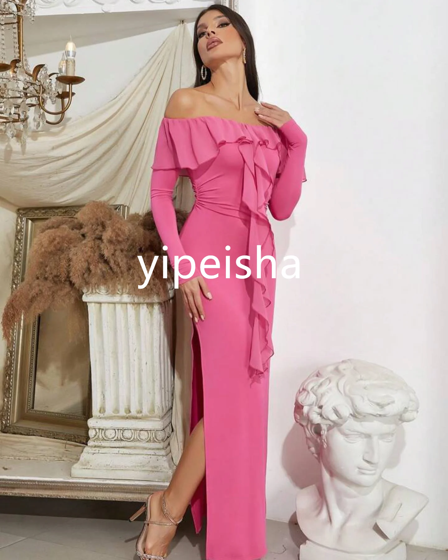 Elegant Jersey Sheath Off-the-shoulder Midi Dresses Homecoming Dresses Modern Style Pastrol Unisex Chinese Style Exquisite