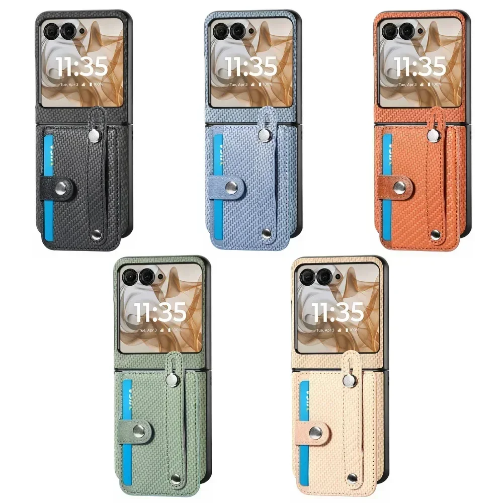 Carbon Fiber Pattern Leather Phone Case For Motorola Razr 60 50 Ultra 40 Multifunctional Card Slot Bag Bracket Wrist Strap Cover