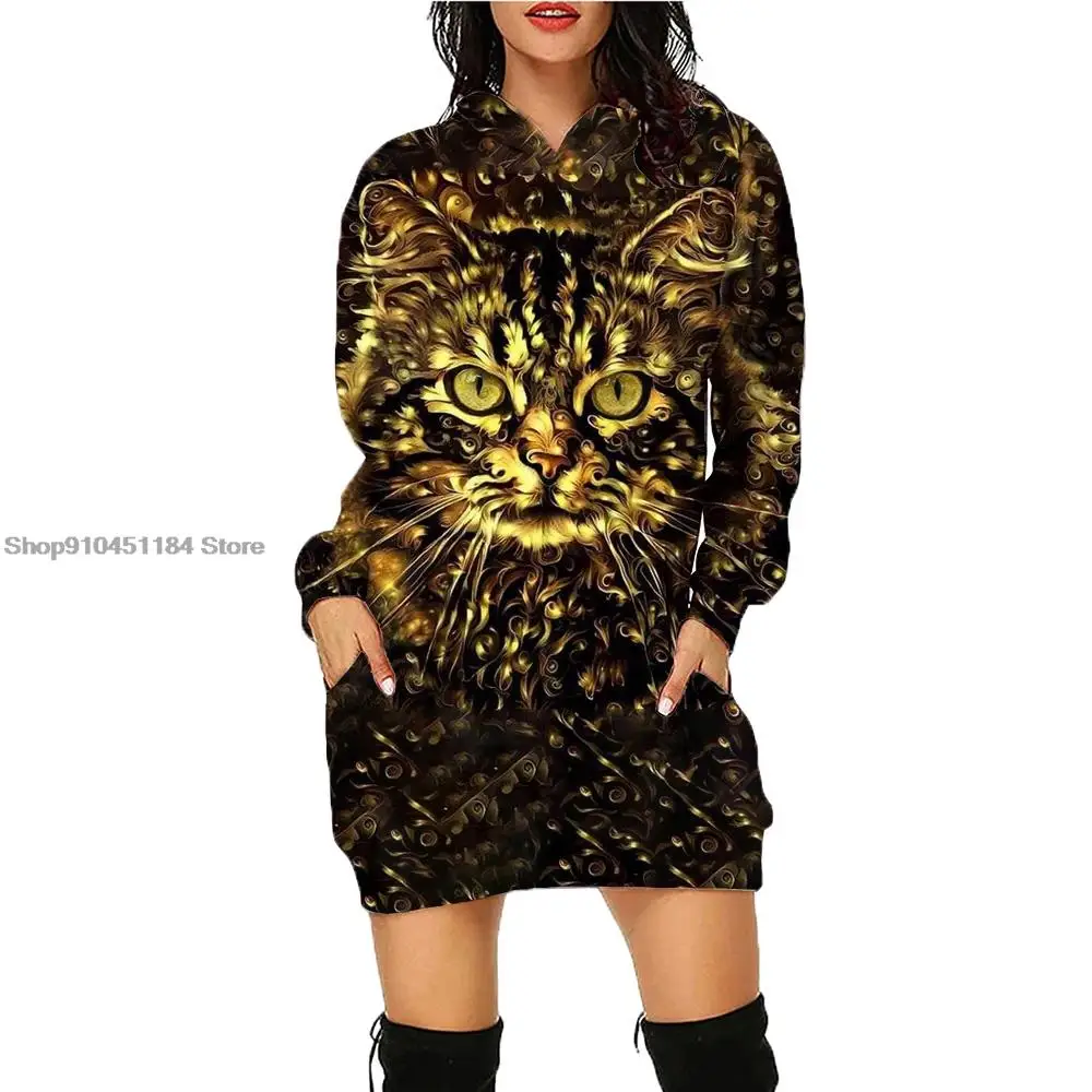 

Fashion Women's 3D Cartoon Cat Print Hoodie Dress Vintage Hoodie Dress Autumn Winter Loose Pullovers Casual Mid-Length Dress