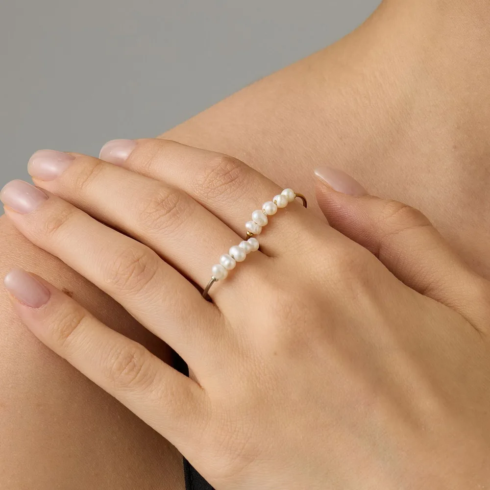 Französisches Vintage-Perlenring-Set für Damen, 14K vergoldeter Barock-Perlenring, gedrehte, klobige Statement-Fingerringe, Schmuckgeschenk – Detail 5