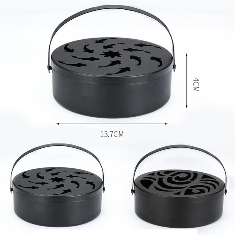 Iron Mosquito Coil Holder Hollow Mosquito Coil Box Home Office Portable Round Incense Burner with Handle Anti-Scald Wrought Box