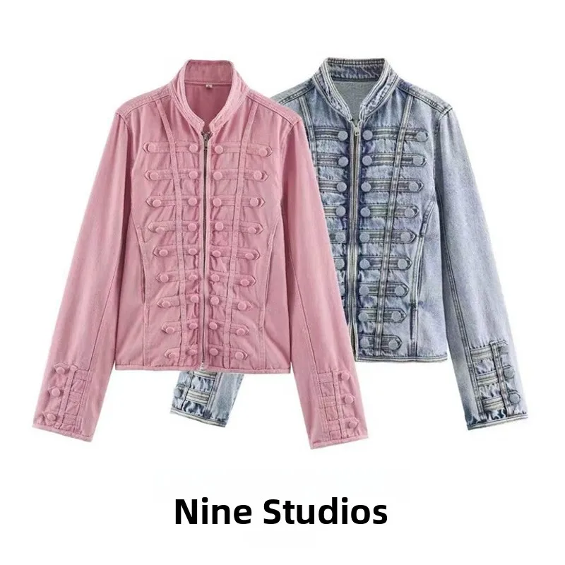 Fashionable Button Decorated Loose Denim Jacket Women's Waist-Cinching Outerwear Standard Fit Long Sleeve Zipper Closure