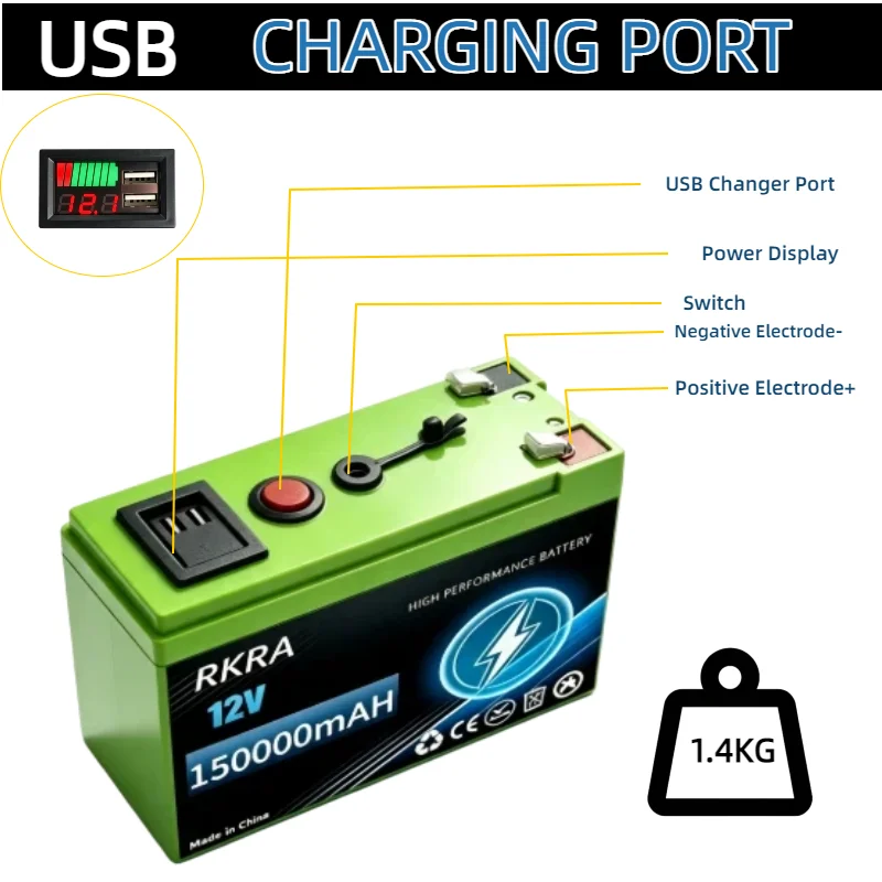 RKRA 12V 150000mAh large capacity lithium battery suitable for RV camping monitoring camera off grid solar system