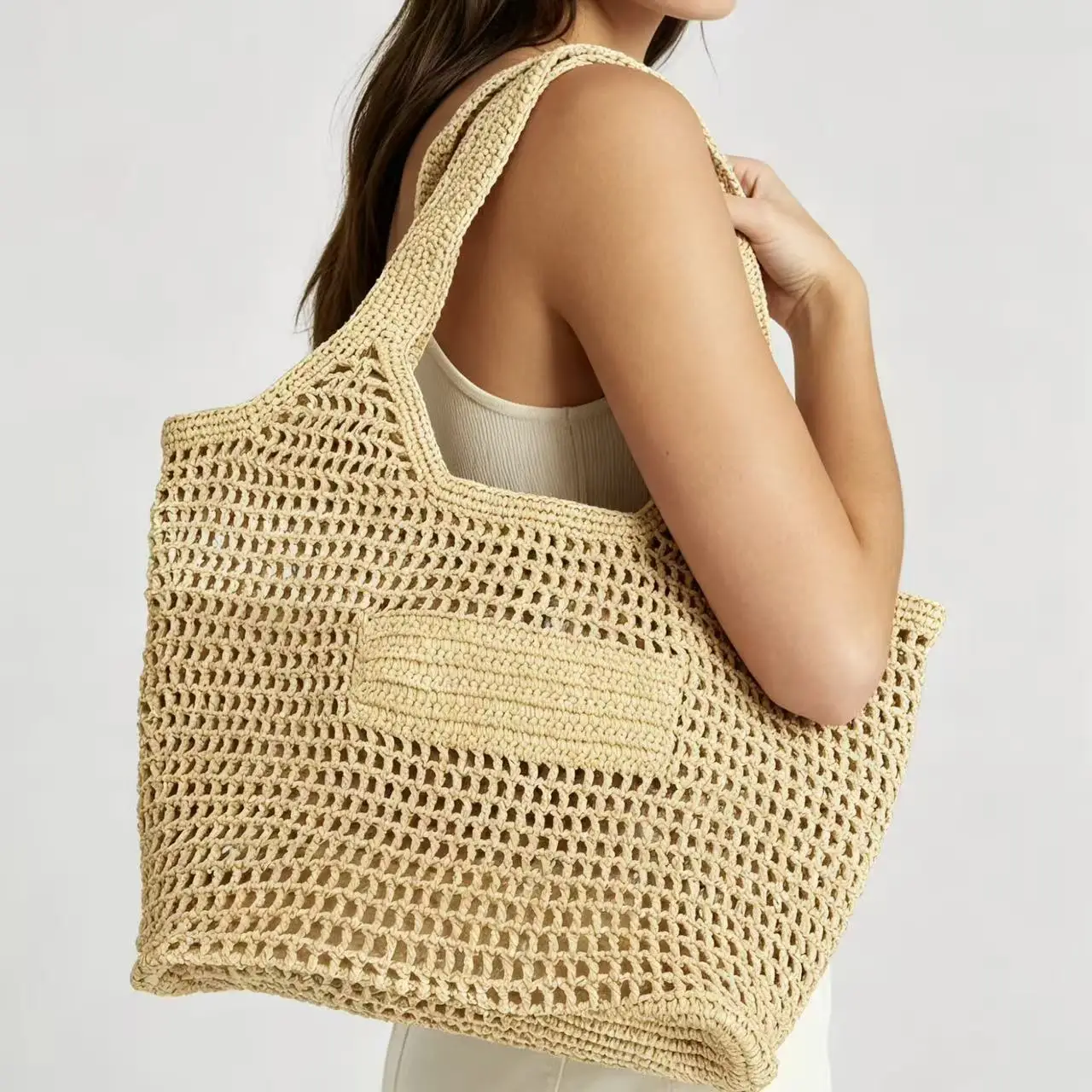 

Handwoven Large Capacity Hollow out Straw Tote Bag Casual Beach Vacation Women's Handbag Travel Leisure Soft Square Zipper