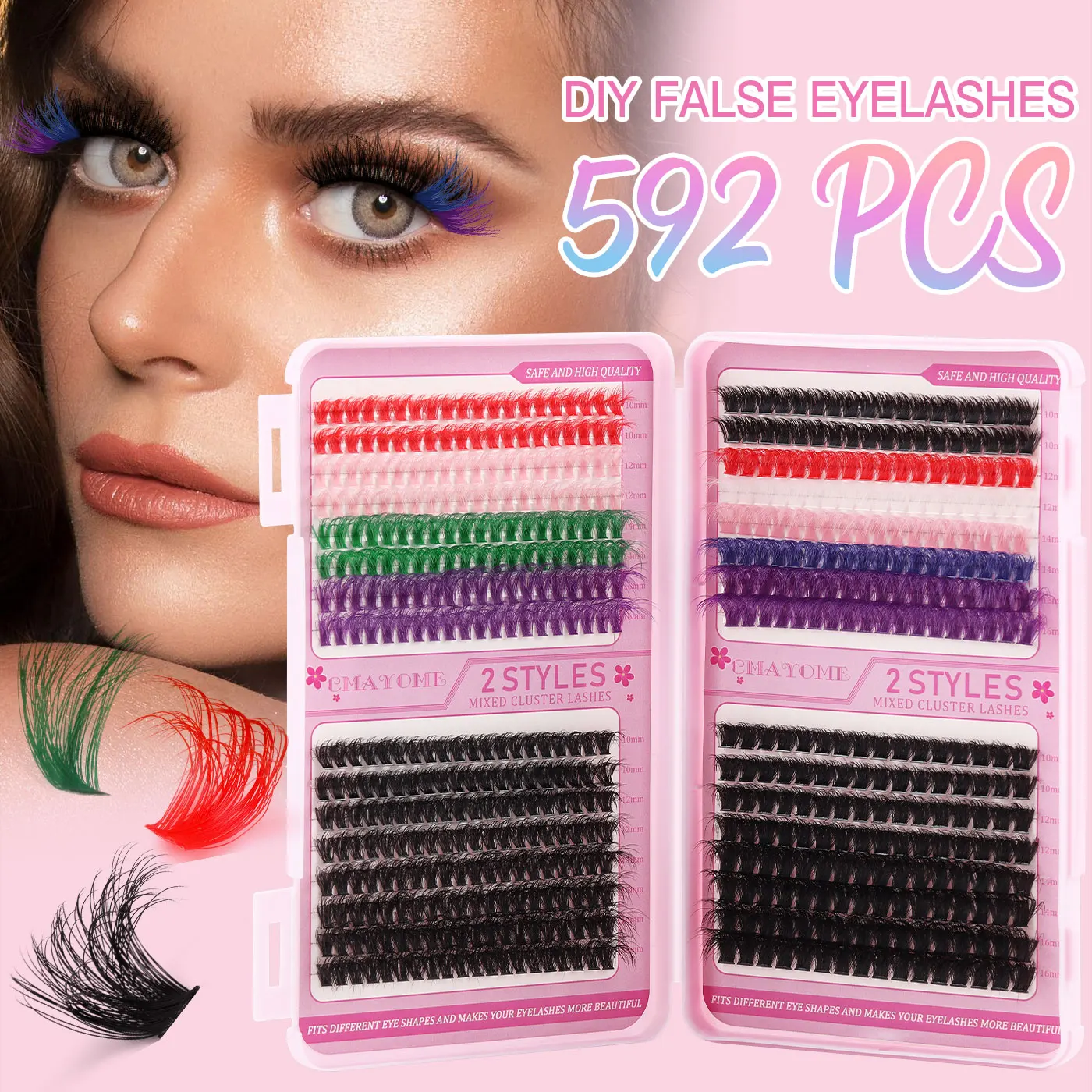 

592pcs Colorful Cluster Lashes Eyelash Extension Kit 10-16mm mix Individual Lash with Bond and Seal Eyelashes RemoverTweezers