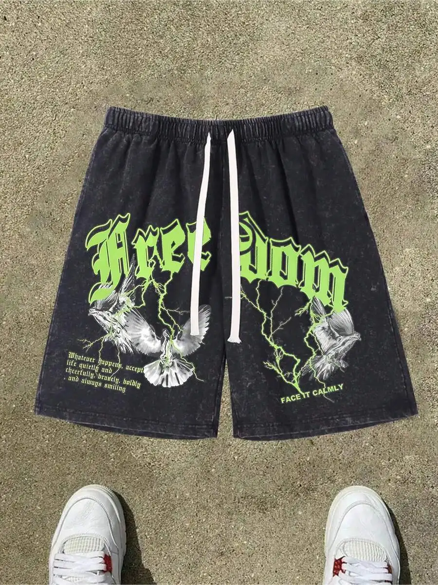 

290g Washed Cotton Printed Shorts Men Casual Loose Fit Drawstring Waist