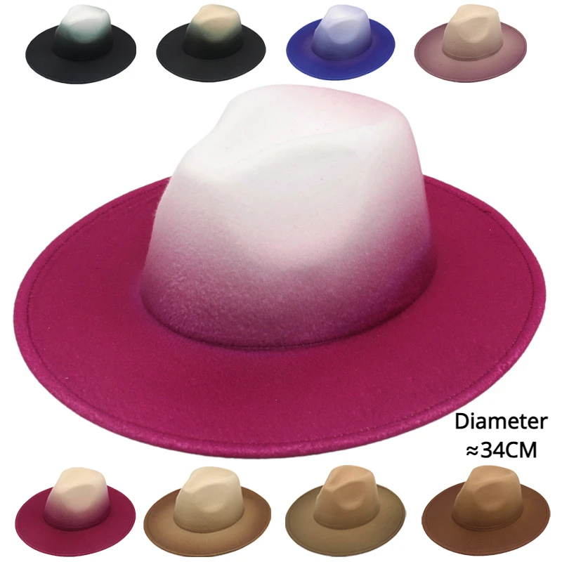 

Gradient Color Women Fedora Hats Gentleman Jazz For Men Retro Church Lady Flat Wide Big Brim Dress Round Top Hat Instagram style