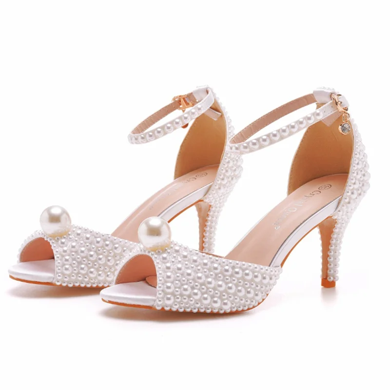 New Fish Mouth High Heels Party Women\'s Sandals Luxury Thick Heels Water Diamond Pearl Women\'s Dress Wedding Shoes