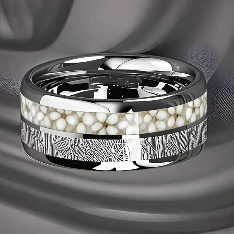 With Apricot Blossom & Meteorite Inlay Rings Fashion 8mm Silver Color Men Stainless Steel Ring for Men Women Wedding Jewelry