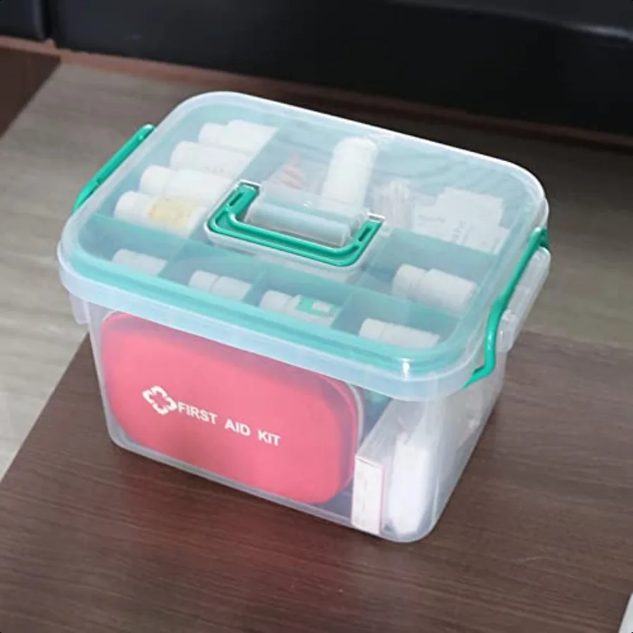 ロック付き蓋とハンドルが付いた透明な救急箱プラスチック収納容器