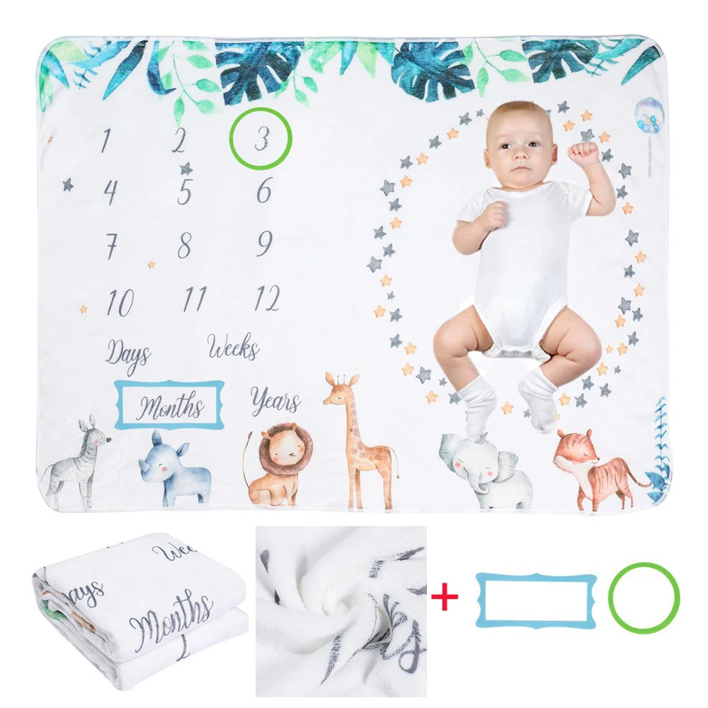 Ylsteed Baby Monthly Milestone Blanket Fleece Photography Background Prop for Boy Girl Lion Animal Rabbit Print Shooting Blanket