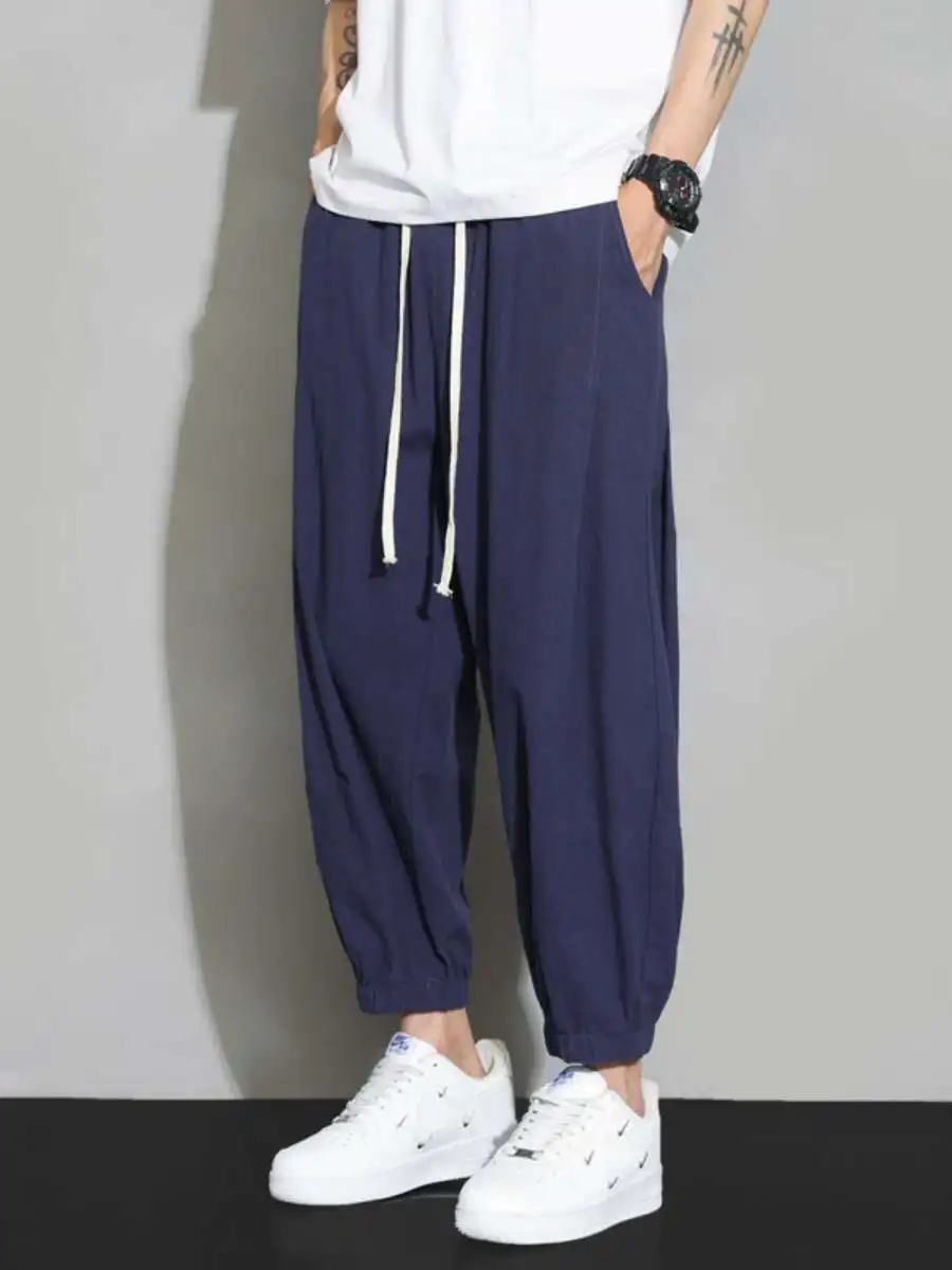 

Casual Cotton Linen Men's Pants Nine-Tenths Summer Student Loose Fit Regular Length Rope Waisand Thin Sle Color