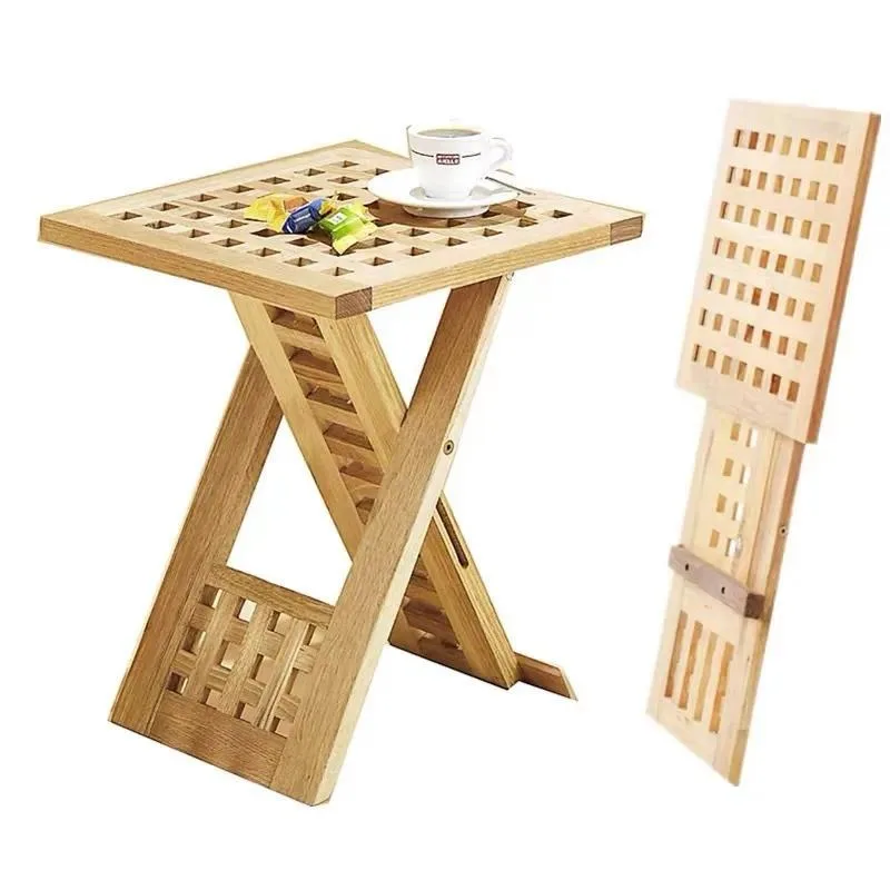 Portable Folding Wooden Table Square Plaid Outdoor Patio Side Table for Family Camping Use