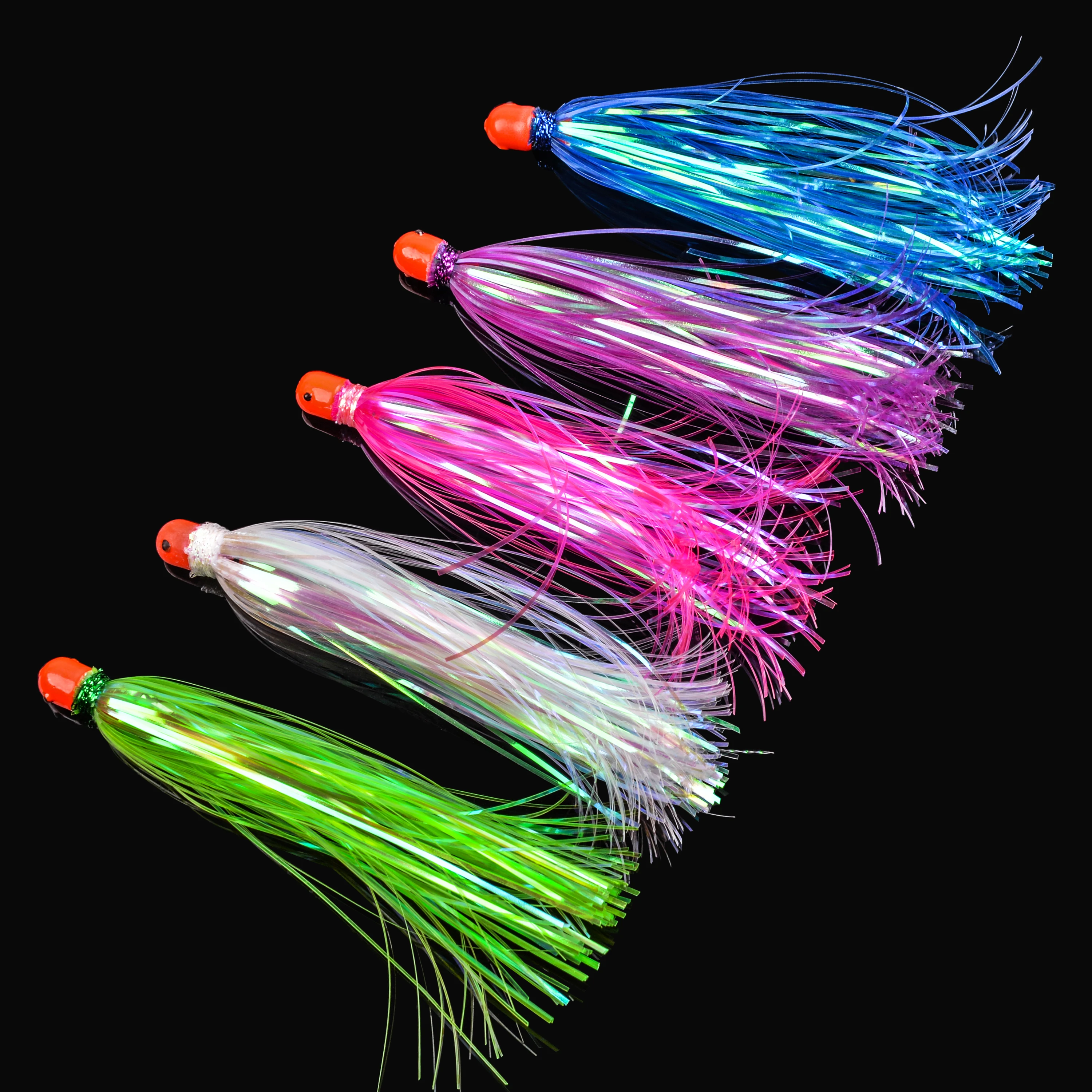 20PCS Mylar Flash Teaser Tail Jig Head Fishing Lure Bait Bullet Head Flasher Skirt Lure for Saltwater Fishing