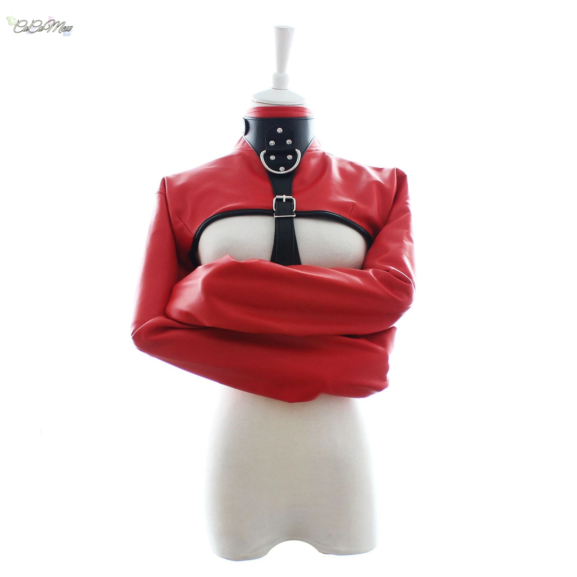 Women Black Red Sexy Open Breast Cupless Leather Bondage Strait Jacket Top Women\'s Restraint Straight Jacket Halloween Costume