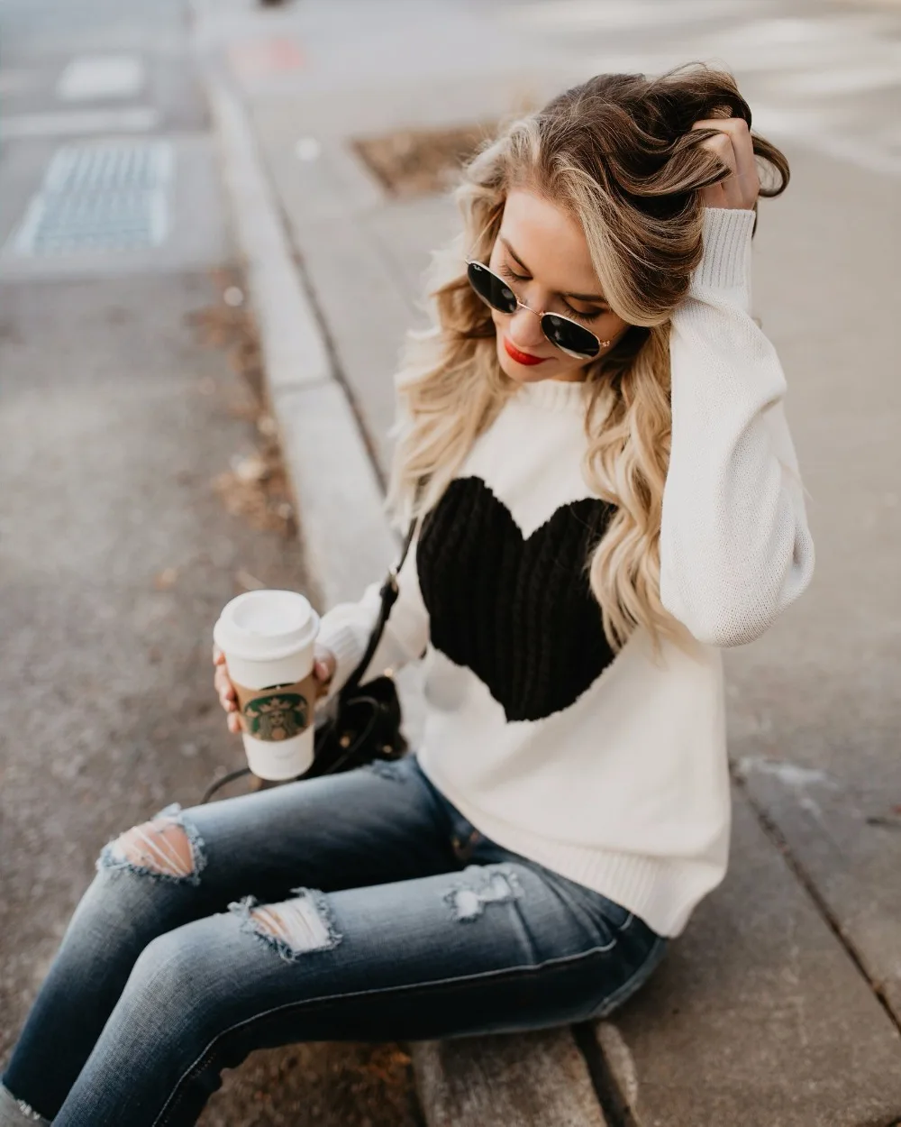 أنيقة شكل قلب طباعة سترة المرأة اليومية الركاب سترات فضفاضة غير رسمية الإناث الخريف الشتاء محبوك سميكة الدافئة القمم