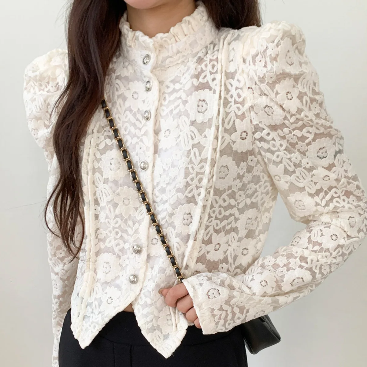 Chique Herfst Winter Kant irt Bubble Sve uitgehold Lange Sve Opstaande Kraag Holle Haak Bloem Basis Top Franse Sle Dames...