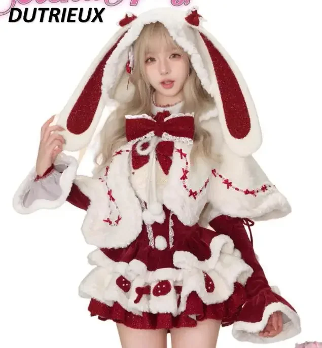 Autumn Winter Girl Christmas Strawberry Plush Rabbit Ear Cape Bow Red Dress Sets Fashion Sweet Cute Two-piece Set for Women