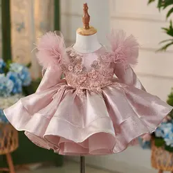 Jill Wish J311 Pink Satin Knee Length Girl Dress Beades Long Sleeve Princess Children Birthday Wedding Party Pageant Ball Gown