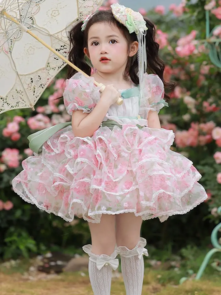 Summer Girls Birthday Tulle Backless Lolita Wedding Ball Gown Party Dress Princess Pink Floral Baby Children Lace Cake Skirts