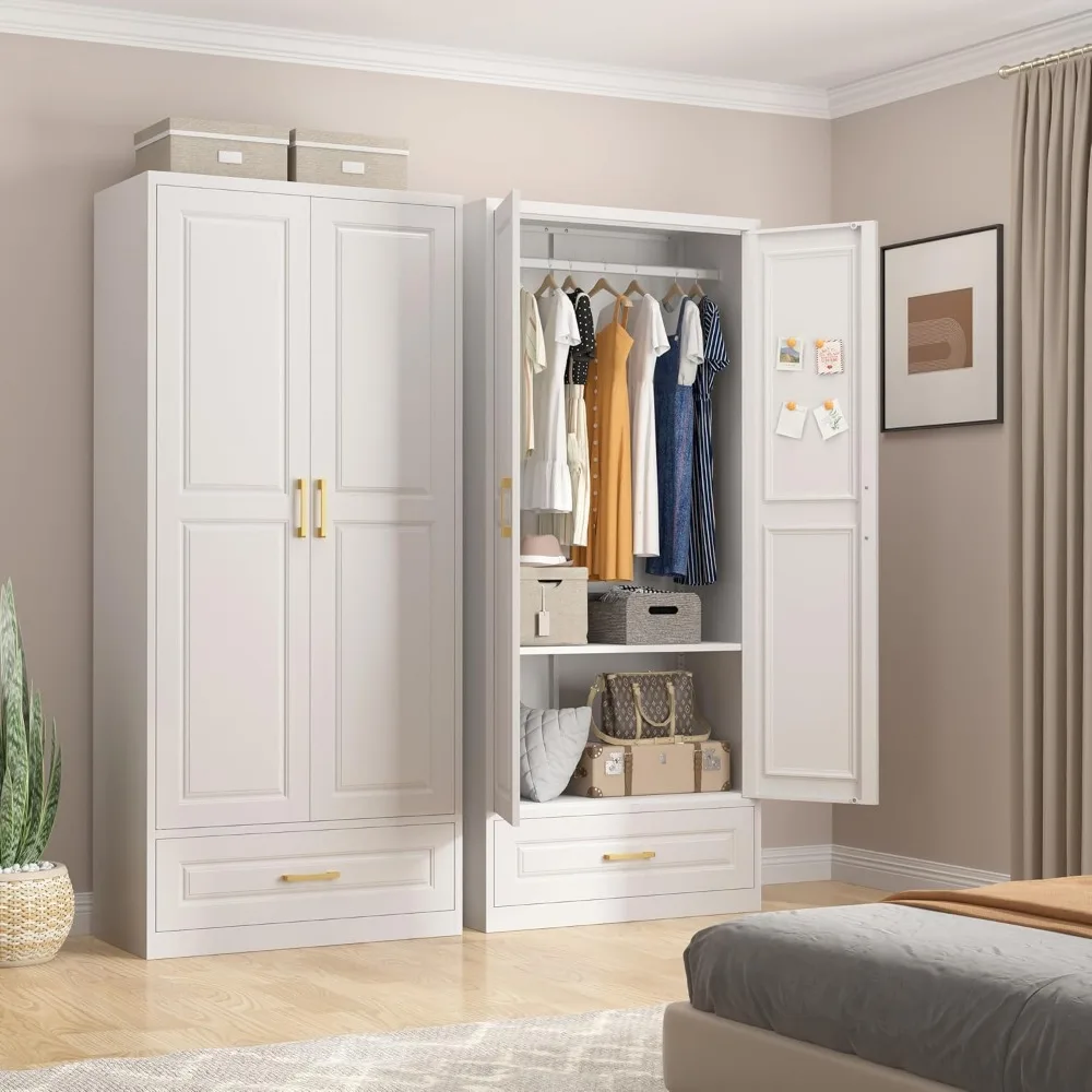 

71" Armoire Wardrobe Closet, Armoire with Drawers, Wardrobe with Hanging Rod and Adjustable Shelves, Metal Clothes Storage Cabin