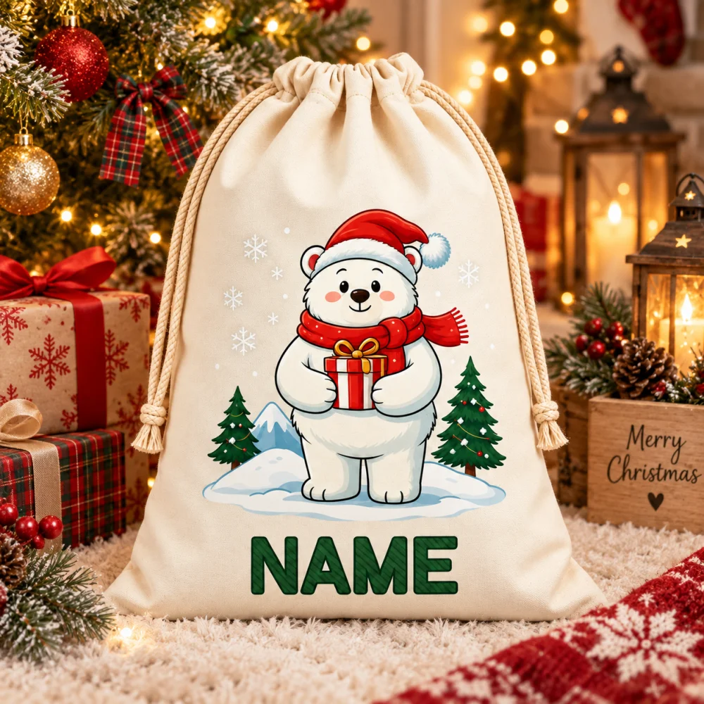 1Pc Custom Name/Text Christmas Polar Bear Imitation Hemp Drawstring Gift Bag, Xmas Gift Packing Storage Pouch, Party Candy Bag