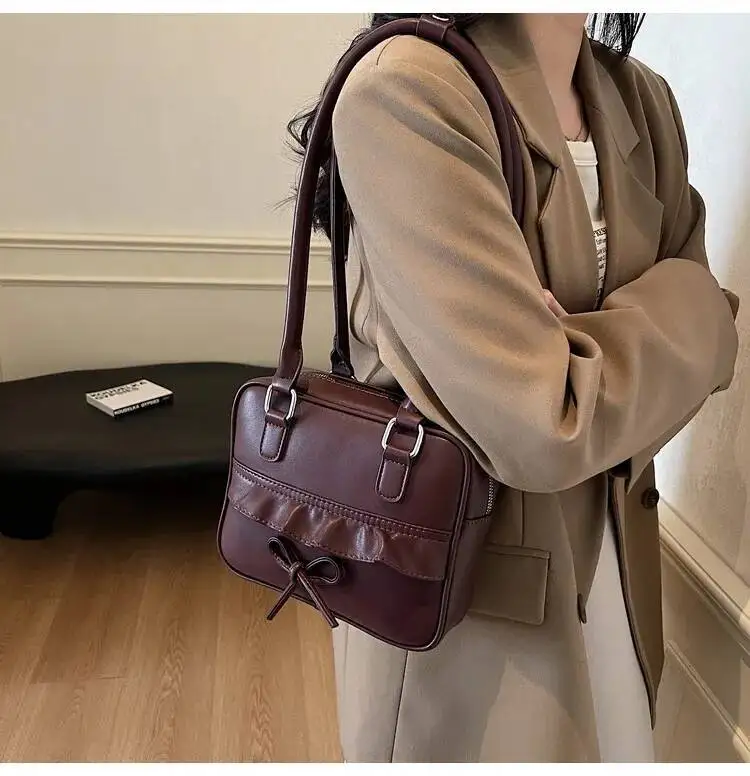 Bloom High Street Bow Red Shoulder Bags Women 2025 New Versatile Pu Leather Y2k Handbag Female Square Underarm Bag Aesthetic