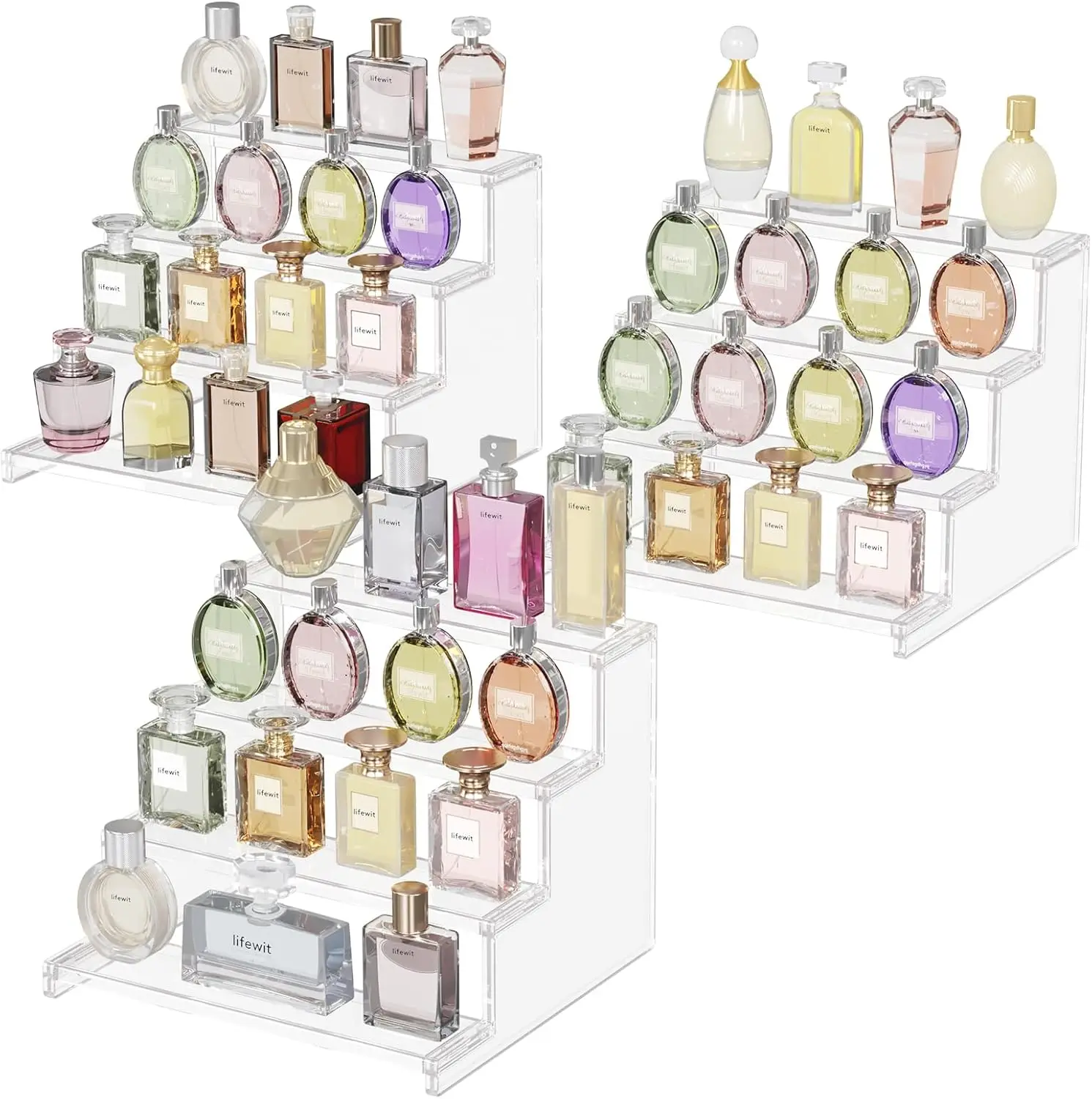 

4-Tier Clear Plastic Display Riser for Perfume and Cosmetics, Tool-Free Assembly, 3-Piece Set for Vanity Storage