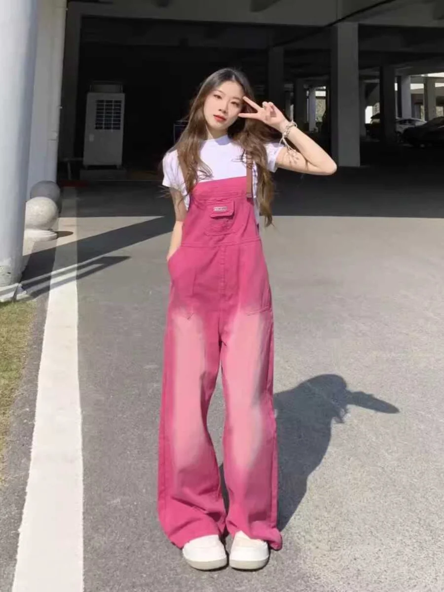 

Raspberry Pink Denim Overalls Women's Loose Fit Summer New Style plus Size Fat MM Straight Leg Long Pants High Waist Button C...