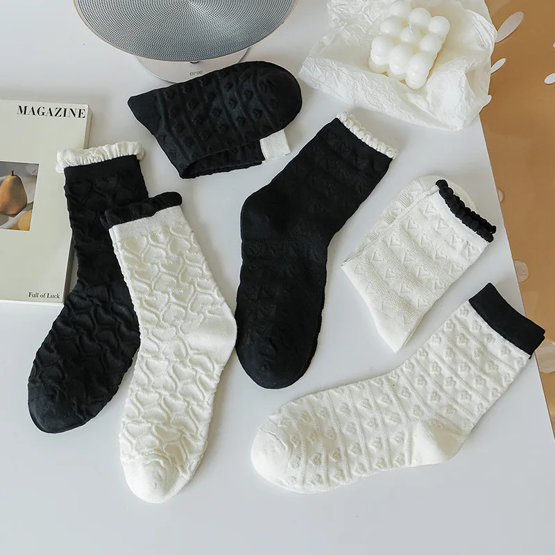 

6 Pairs Spring Summer Black Fungus Edge Pile Women Breathable Mid Tube Japanese Solid Color Relief Style Lace Women Cotton Socks