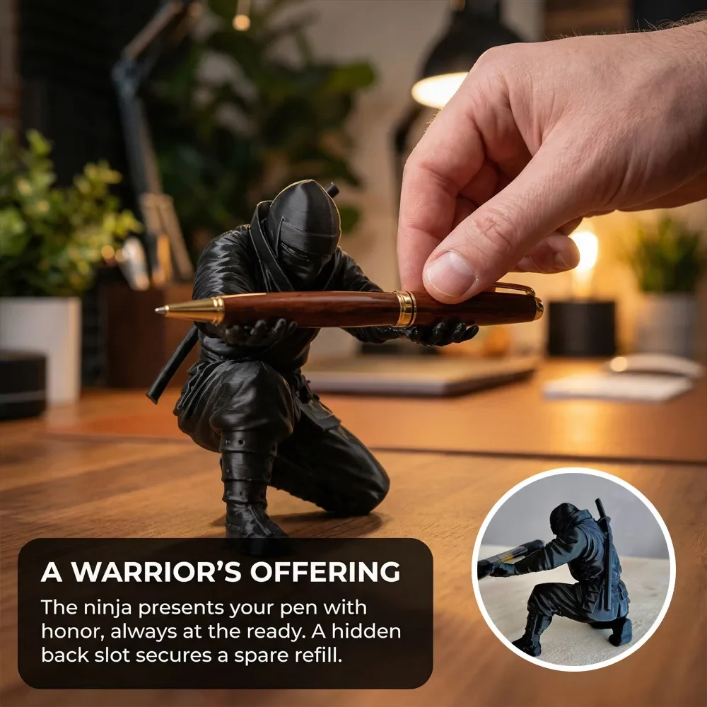 Portalápices Ninja Arrodillado Impreso en 3D, Escultura Artística para Escritorio, Organizador de Papelería Práctico, Decoración Estética Premium para el Hogar y la Oficina