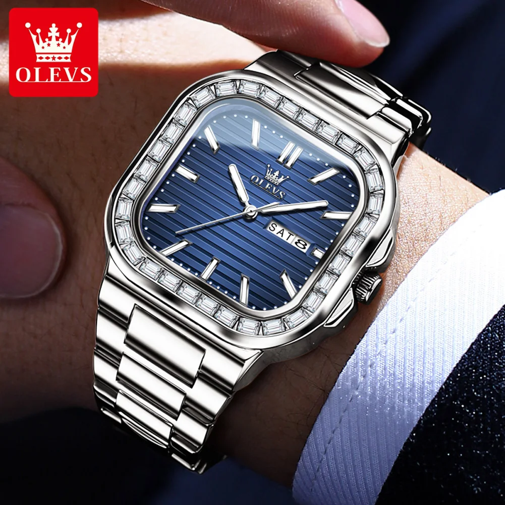 OLEVS-reloj de cuarzo con diamantes para hombre, cronógrafo de pulsera con esfera cuadrada, doble Calendario, de acero inoxidable, resistente al