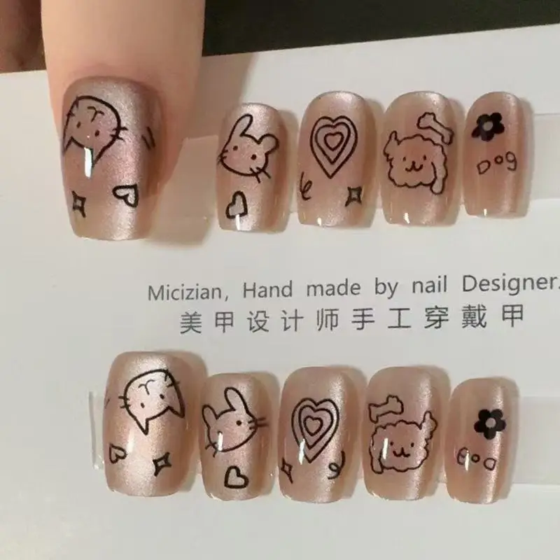 

10pcs Cute Cat Dog Graffiti Hand Made Draw Short Cat Eye Fake Nails heart Decoration Reusable False Nails Kawaii Tips