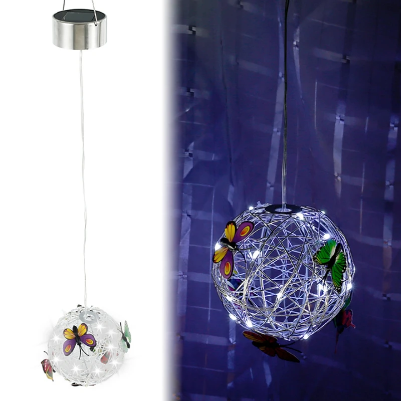 Butterfly Metal Ball Hanging Solar Light with Waterproof Weaving Lamp Garden Decoration Outdoor Suncatchers Tuin Decor-B