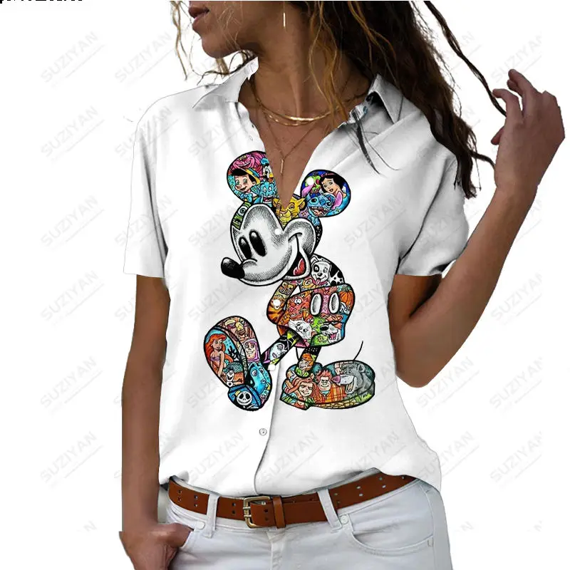 Disney-Chemise décontractée à manches courtes de dessin animé imprimé 3D mignon, grande chemise hawaïenne, cardigan boutonné, ha