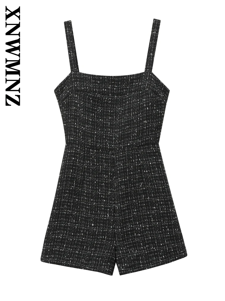 XNWMNZ 2024 Autumn New Female Hipster Shoulder Overalls Top Casual Woman Black Sleeveless Square Collar Jumpsuit Grid Texture