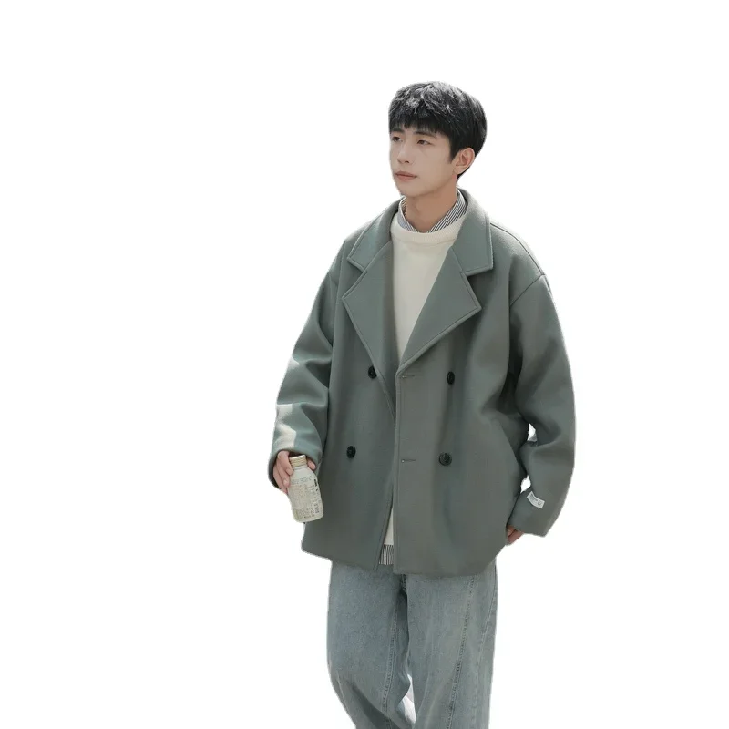 New Winter Thicken Warm Woolen Coat Men Casual  Double Breasted Short Coat Men Korean Fashion Loose Oversized Mens Overcoat