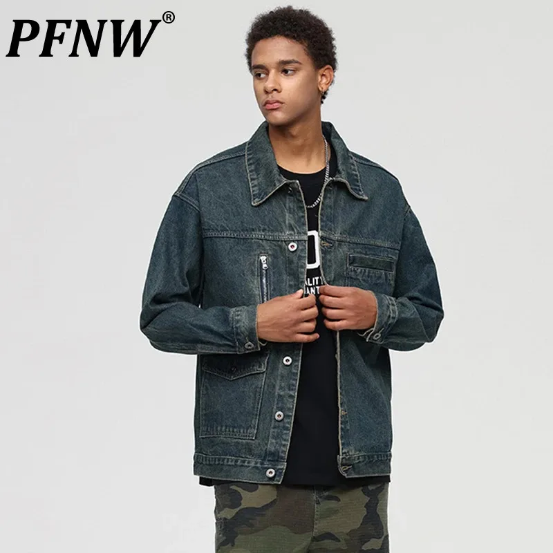 

PFNW Men's New Versatile Couples Jacket Male American Lapel Spliced Pocket Design Loose Denim Coats 2024 Autumn Trendy 28W4169