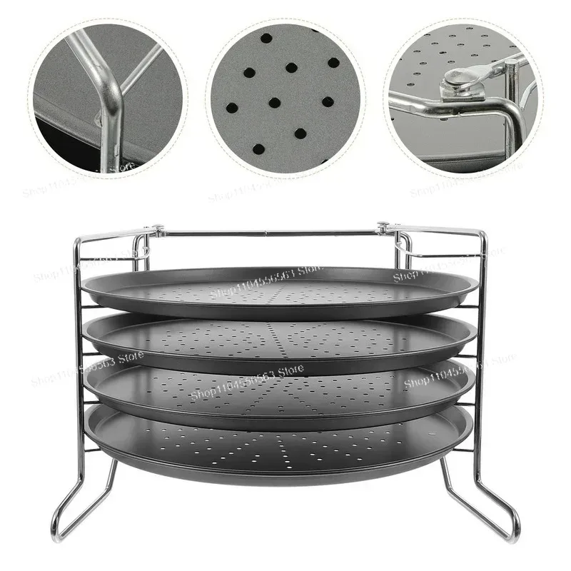 1 Set 12-Inch 4-Layer Pizza Baking Pans with Holes - Carbon Steel Pizza Tray + Baking Rack for Oven