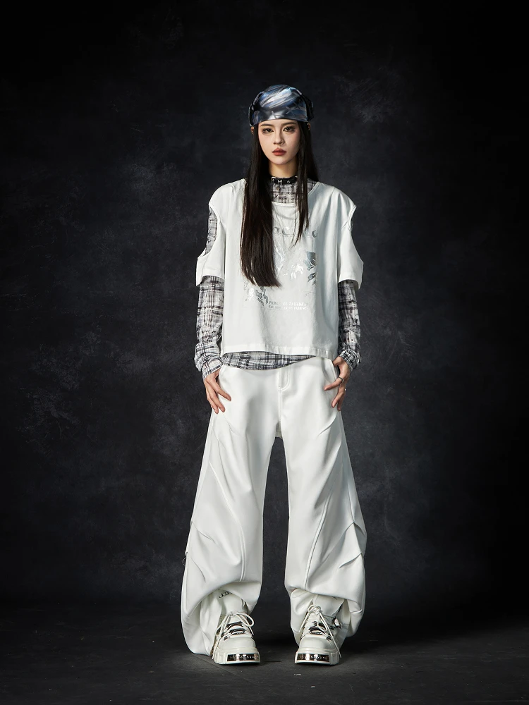 High Street Pant Men's Fashion Casual White Versatile Loose Slightly Flared Pants Trousers with Pleated Layered Feel