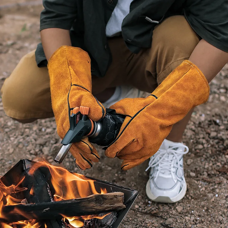 Outdoor Long Heat-Resistant Cowhide Gloves, Insulated Oven Gloves, Camping Protective Gloves