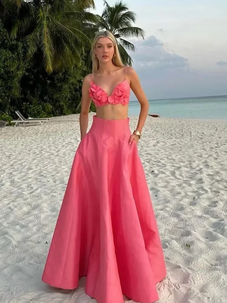 

2025 Women Chic 3d Pink Flower Applique Cropped Tops Set Fashion High Waist Long Skirts 2 Piece Suit Sexy Vocation Beach Outfits