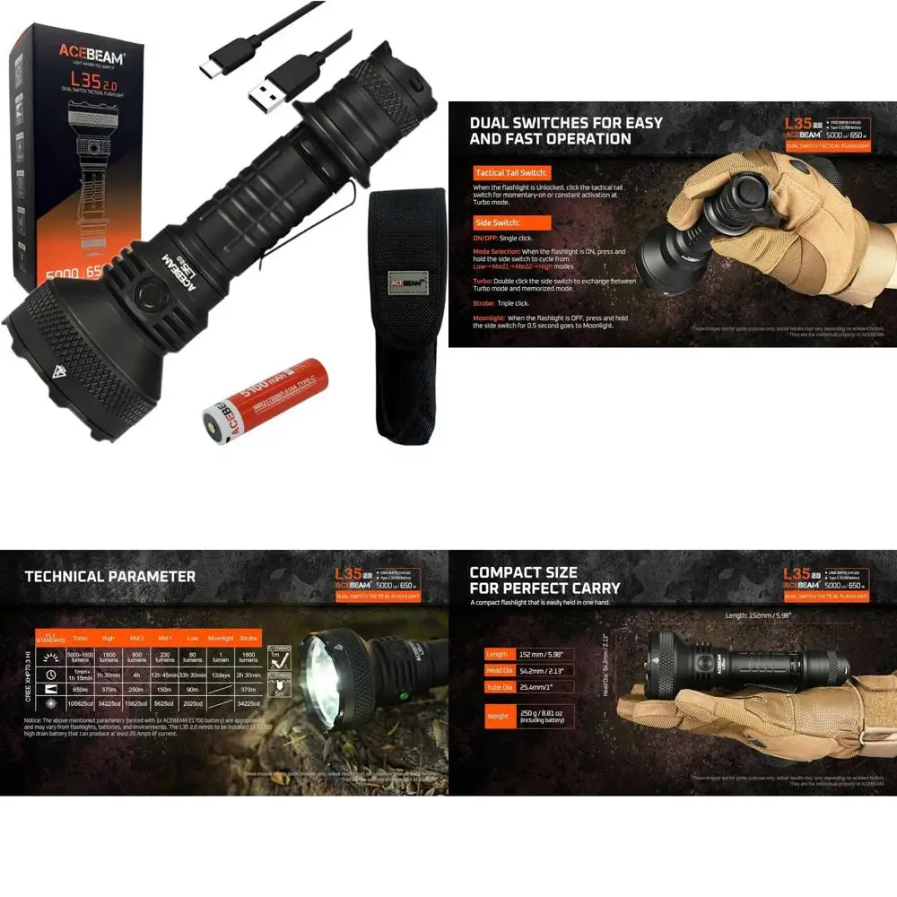 

High-Intensity Cree XHP70.3 LED Flashlight with USB C Charging Cable, Black, Eco Sensa Battery Included, Long-Lasting Outdoor Li