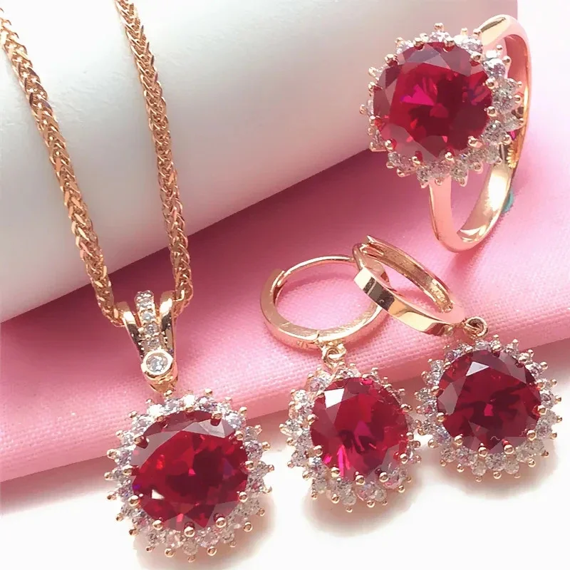 Conjuntos de joyas de rubí de girasol de lujo clásico para mujer, exquisito Collar chapado en cobre, oro rosa, Gema roja brillante, pendientes, anillo