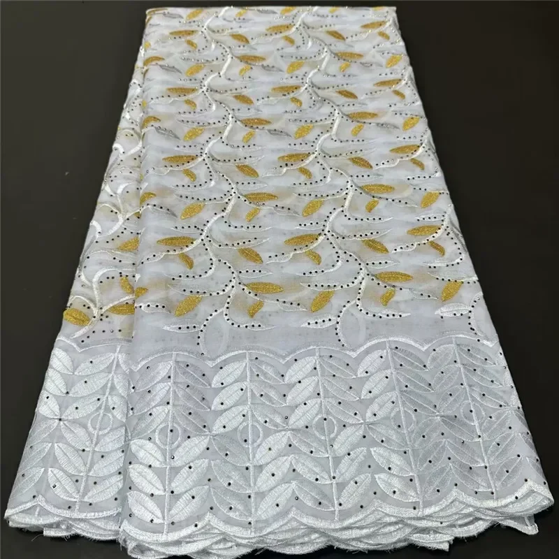 5 yard latest heavy beaded embroidery African 100% cotton fabrics White and gold Swiss voile lace popular Dubai style 10L163001