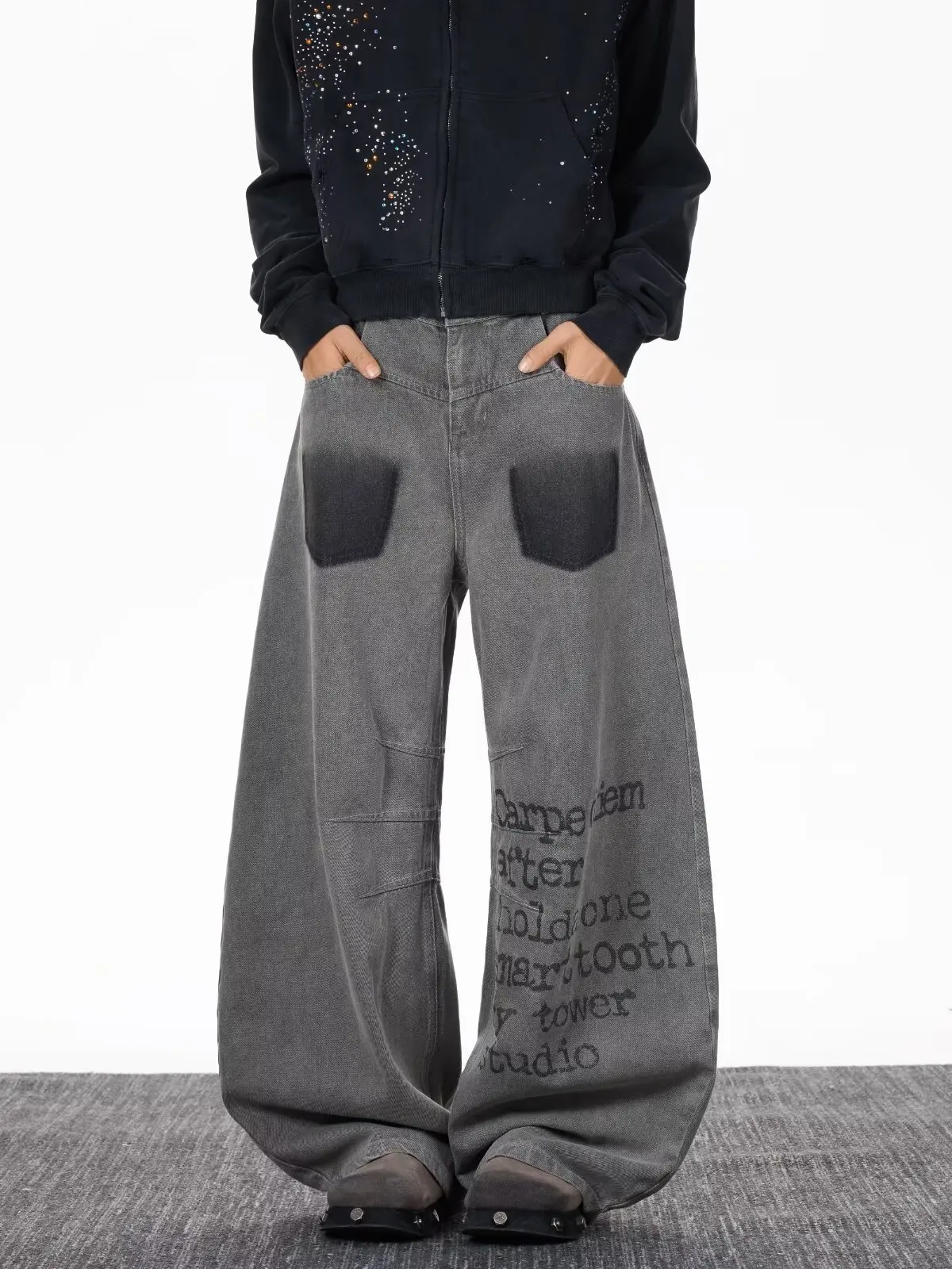 Calças Jeans Femininas Retrô Americanas com Estampa de Letras, Perna Larga Solta, Estilo Casual de Rua, Jeans Lavado de Perna...