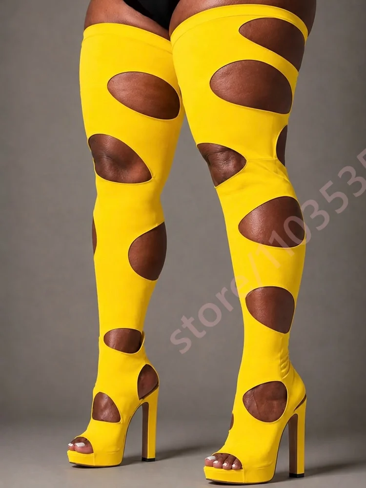 Women Cutout Thigh High Boots Peep Toe Platform Block Heels Stretch Fabric Over‑The‑Knight Boots Nightclub Party Fashion Shoes