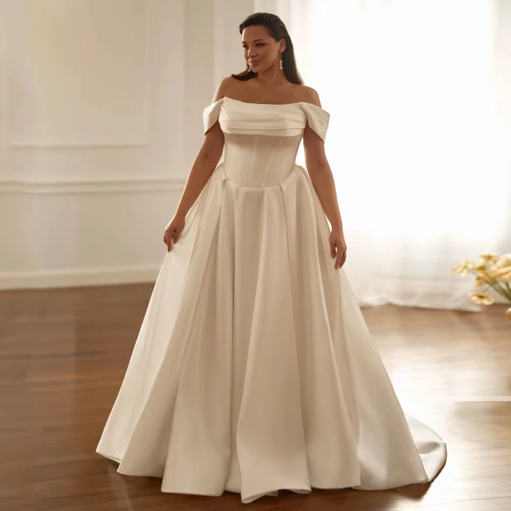 

Customized Simple Wedding Dress Plus Size Off The Shoulder Pleat Sweep Train Backless A Line Satin Arabian Bridal Gown