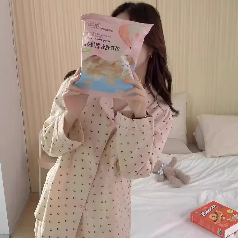 Stberry Pattern Pure Cotton Long Sve Spwear Women's Sweet Sle Floing Home Clothes Set Can Be Worn outside image 4