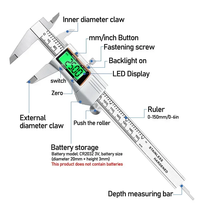 Stainless Steel Metal Shell Digital Caliper 150mm Electronic LCD Vernier Caliper Backlight Screen Metric To Imperial Conversion